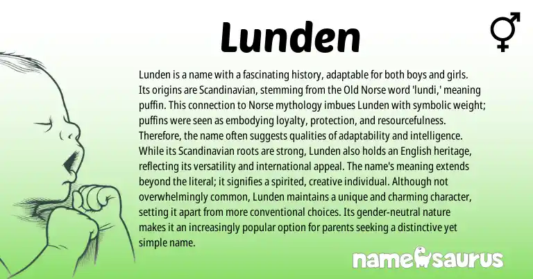 Infographic about Lunden name meaning, Lunden is a name from Scandinavian, Norse origin(s).
