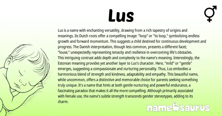 Infographic about Lus name meaning, Lus is a name from Estonian, Danish, Dutch origin(s).