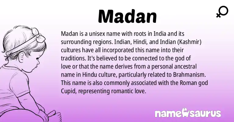 Infographic about Madan name meaning, Madan is a name from Indian, Hindi, Indian (Kashmir) origin(s).