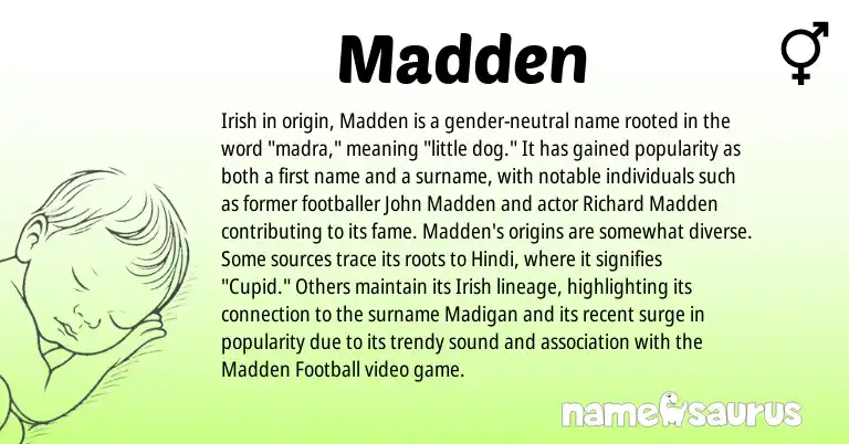 Infographic about Madden name meaning, Madden is a name from Irish, Hindi origin(s).