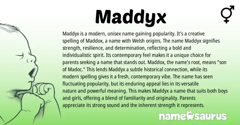 Infographic about Maddyx name meaning, Maddyx is a name from English origin(s).