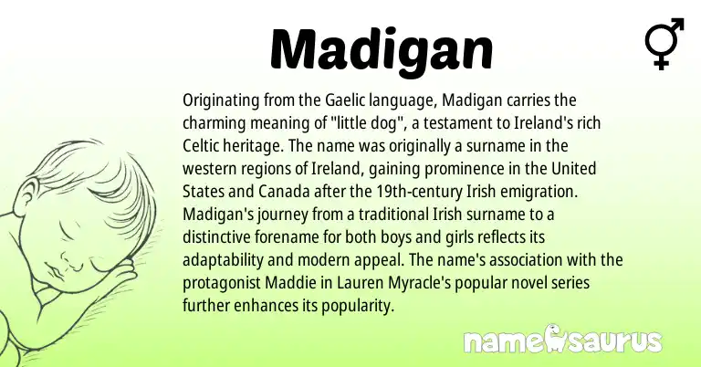 Infographic about Madigan name meaning, Madigan is a name from Irish, United States, Ireland, Gaelic, Celtic origin(s).