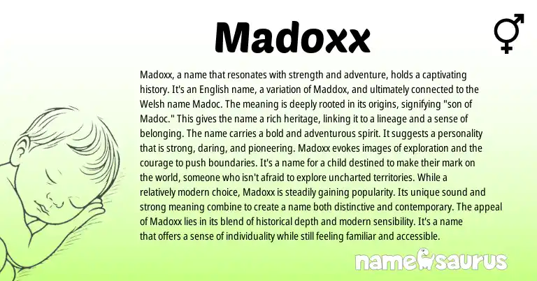 Infographic about Madoxx name meaning, Madoxx is a name from English, American origin(s).