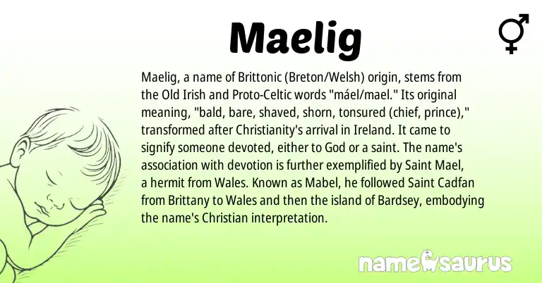 Infographic about Maelig name meaning, Maelig is a name from Christianity, Breton, Ireland, Welsh, Old Irish, Proto-Celtic origin(s).