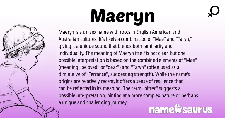 Infographic about Maeryn name meaning, Maeryn is a name from English (American), English (Australian), American, Gaelic origin(s).