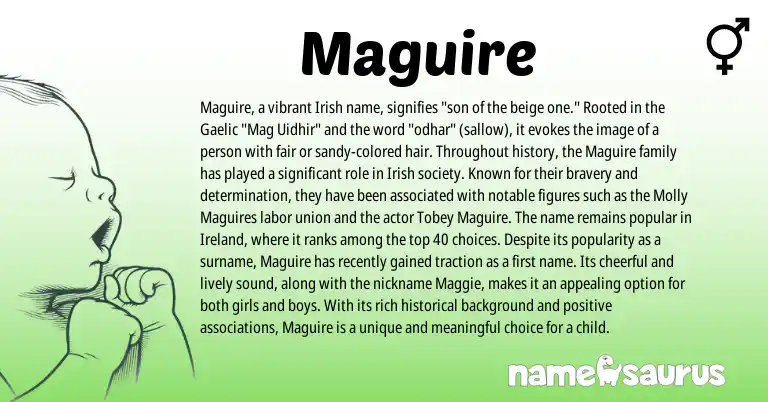 Infographic about Maguire name meaning, Maguire is a name from Irish, Gaelic, Ireland origin(s).