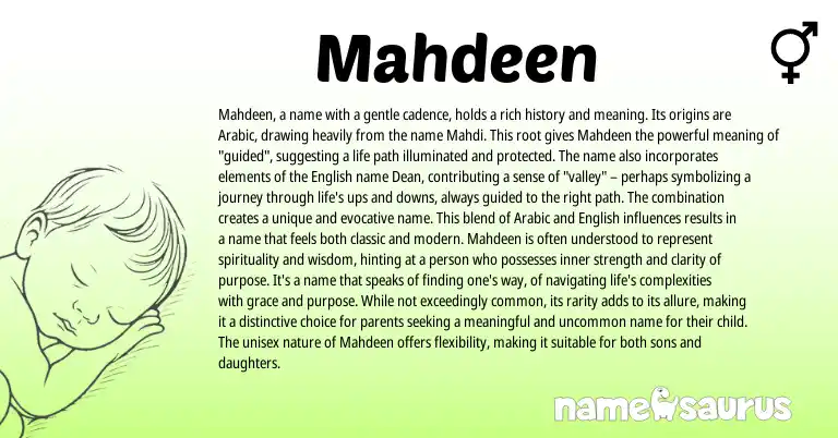 Infographic about Mahdeen name meaning, Mahdeen is a name from English, Arabic origin(s).