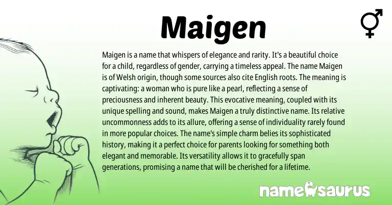Infographic about Maigen name meaning, Maigen is a name from Welsh, English origin(s).
