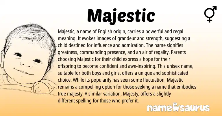 Infographic about Majestic name meaning, Majestic is a name from English origin(s).