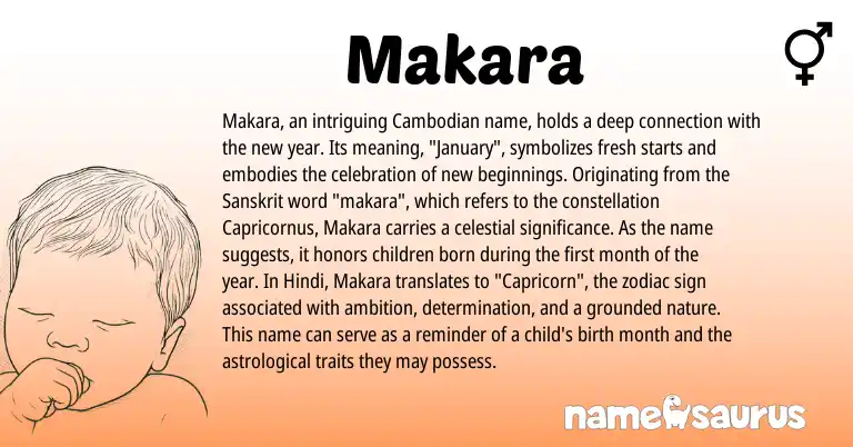 Infographic about Makara name meaning, Makara is a name from Sanskrit, Hindi, Cambodian origin(s).