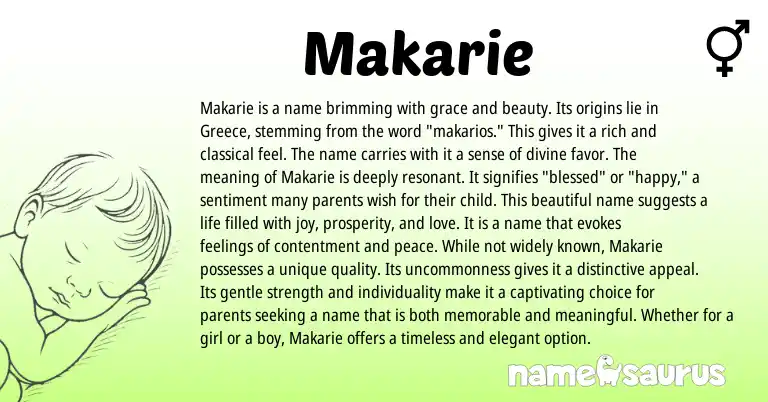 Infographic about Makarie name meaning, Makarie is a name from Greek origin(s).