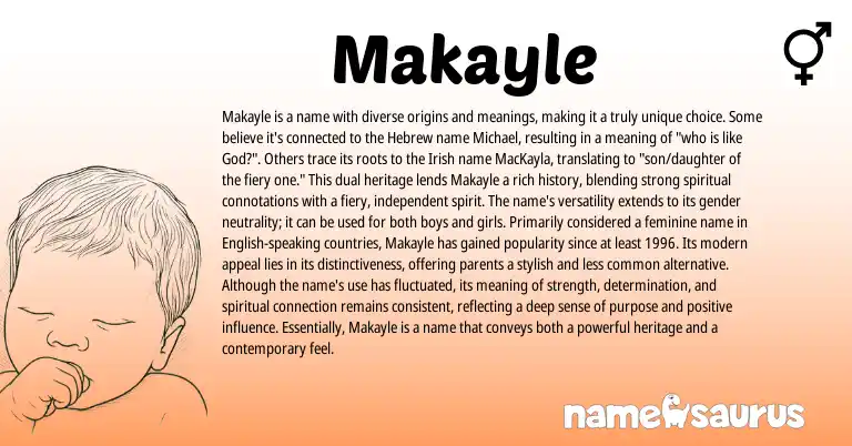 Infographic about Makayle name meaning, Makayle is a name from Hebrew, English, Irish origin(s).