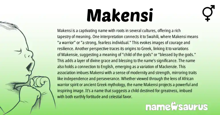 Infographic about Makensi name meaning, Makensi is a name from Greek, Swahili, American origin(s).