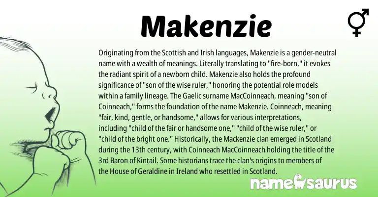 Infographic about Makenzie name meaning, Makenzie is a name from Irish, Gaelic, Scottish, Ireland origin(s).