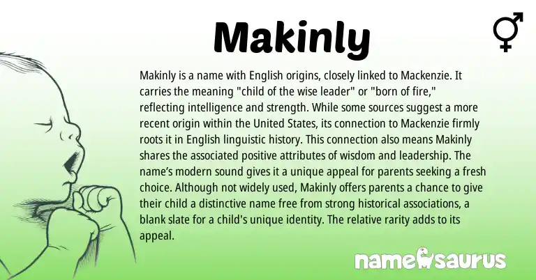 Infographic about Makinly name meaning, Makinly is a name from English origin(s).