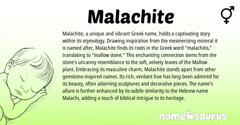 Infographic about Malachite name meaning, Malachite is a name from Hebrew, Greek origin(s).