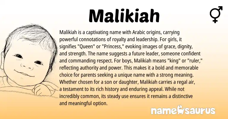 Infographic about Malikiah name meaning, Malikiah is a name from Arabic origin(s).