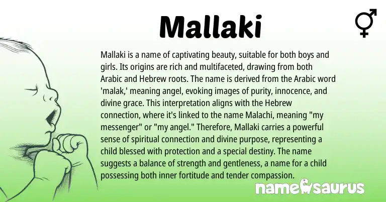 Infographic about Mallaki name meaning, Mallaki is a name from Arabic origin(s).