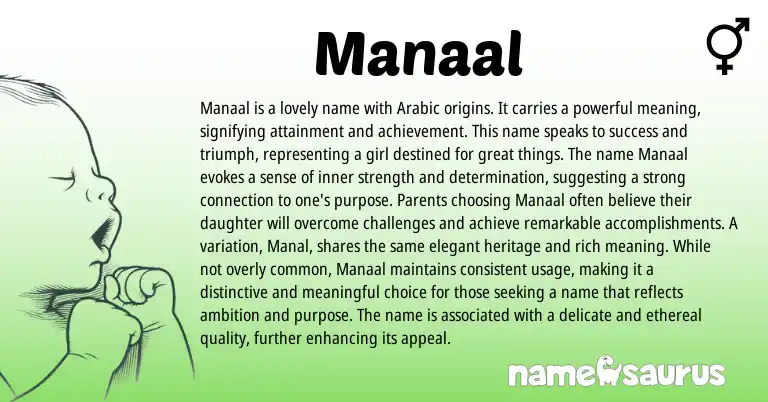 Infographic about Manaal name meaning, Manaal is a name from Arabic origin(s).