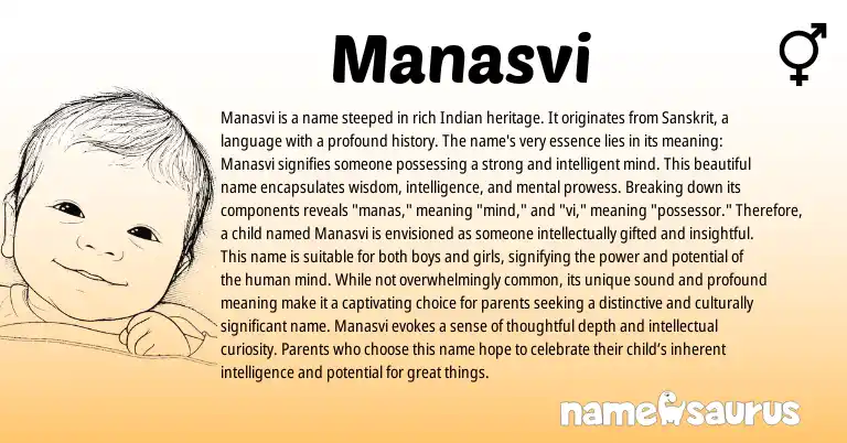 Infographic about Manasvi name meaning, Manasvi is a name from Indian, Sanskrit origin(s).