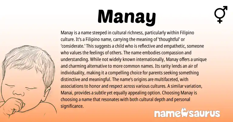 Infographic about Manay name meaning, Manay is a name from Filipino, Persian origin(s).