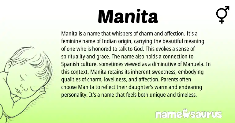 Infographic about Manita name meaning, Manita is a name from Indian, Persian origin(s).