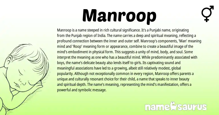 Infographic about Manroop name meaning, Manroop is a name from Indian, Punjabi, Sikh origin(s).