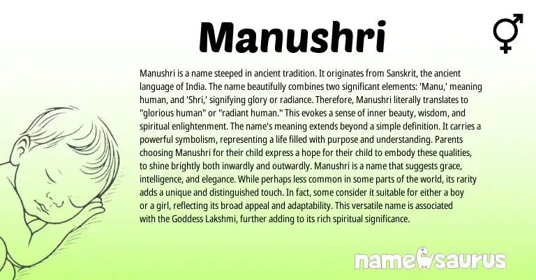Infographic about Manushri name meaning, Manushri is a name from Indian, Hindu, Sanskrit origin(s).