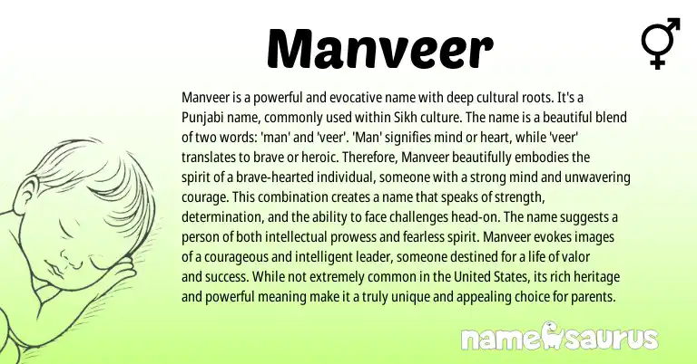 Infographic about Manveer name meaning, Manveer is a name from Indian, Punjabi, Sikh origin(s).