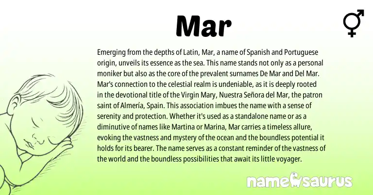 Infographic about Mar name meaning, Mar is a name from Spain, Spanish, Latin, Portuguese origin(s).