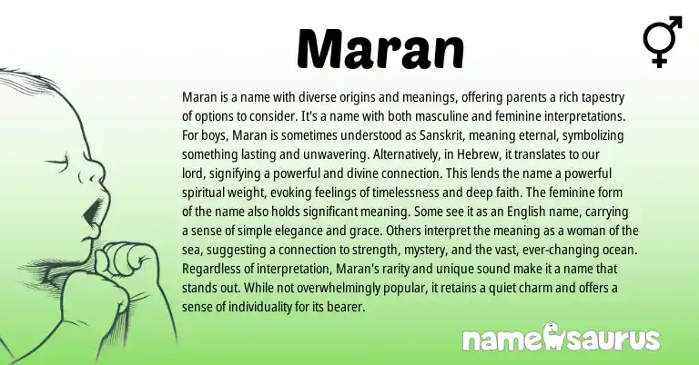Infographic about Maran name meaning, Maran is a name from Latin, Hebrew, Sanskrit origin(s).