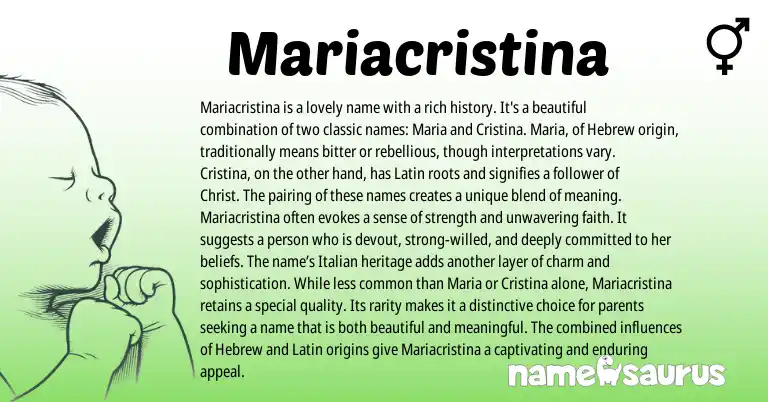 Infographic about Mariacristina name meaning, Mariacristina is a name from Latin, Hebrew origin(s).