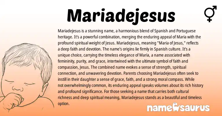 Infographic about Mariadejesus name meaning, Mariadejesus is a name from Portuguese, Spanish origin(s).