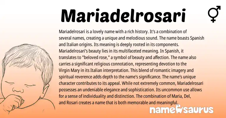 Infographic about Mariadelrosari name meaning, Mariadelrosari is a name from Italian, Spanish origin(s).