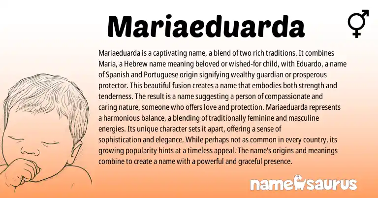 Infographic about Mariaeduarda name meaning, Mariaeduarda is a name from Hebrew, Portuguese, Spanish origin(s).