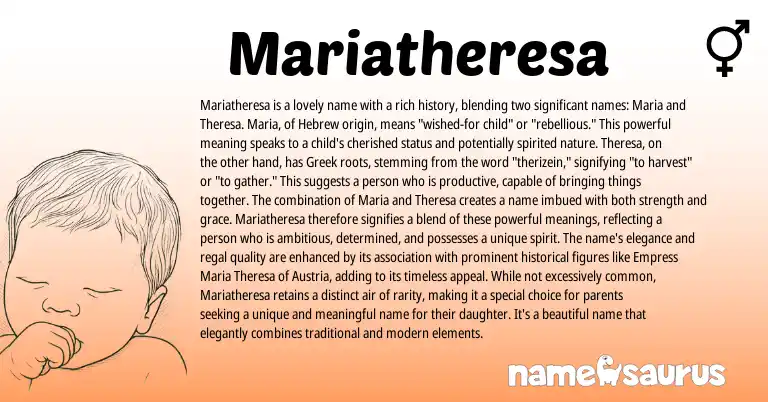 Infographic about Mariatheresa name meaning, Mariatheresa is a name from Hebrew, Italian, Greek origin(s).