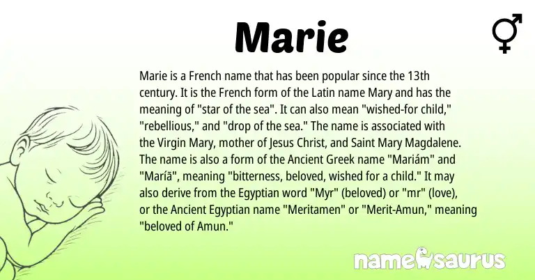 Infographic about Marie name meaning, Marie is a name from Ancient Greek, Ancient Egyptian, French, Latin, Egyptian origin(s).
