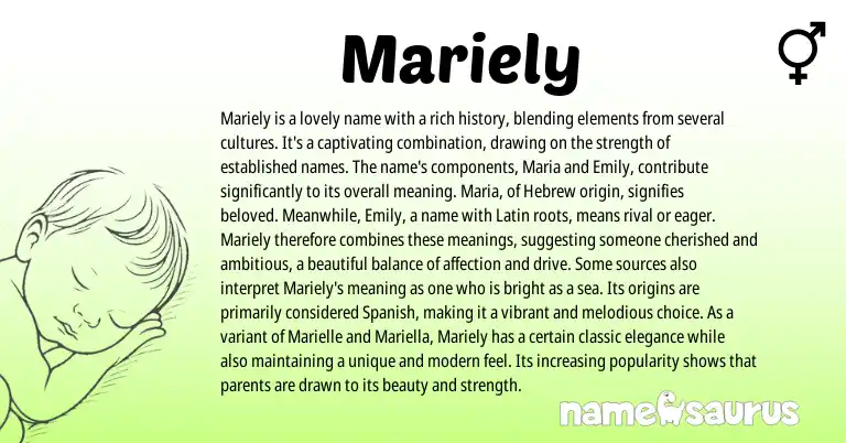 Infographic about Mariely name meaning, Mariely is a name from Celtic, Latin, Hebrew origin(s).