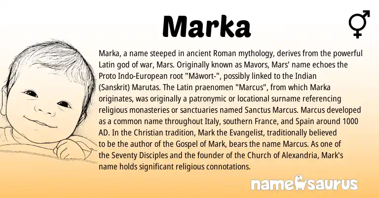 Infographic about Marka name meaning, Marka is a name from Indian, European, Spain, Roman, Latin, Sanskrit origin(s).