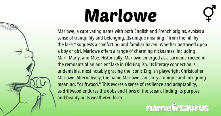 Infographic about Marlowe name meaning, Marlowe is a name from Old English, English, French origin(s).