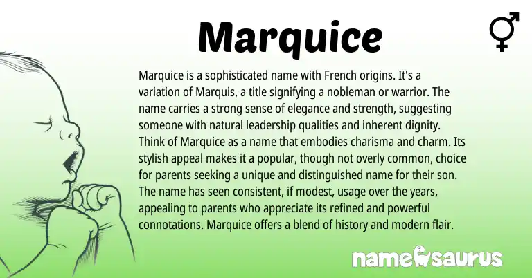 Infographic about Marquice name meaning, Marquice is a name from French, English origin(s).