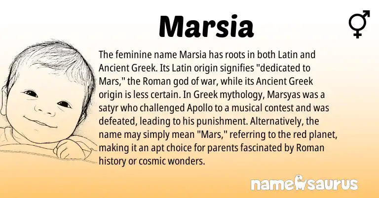 Infographic about Marsia name meaning, Marsia is a name from Roman, Ancient Greek, Latin, Greek origin(s).