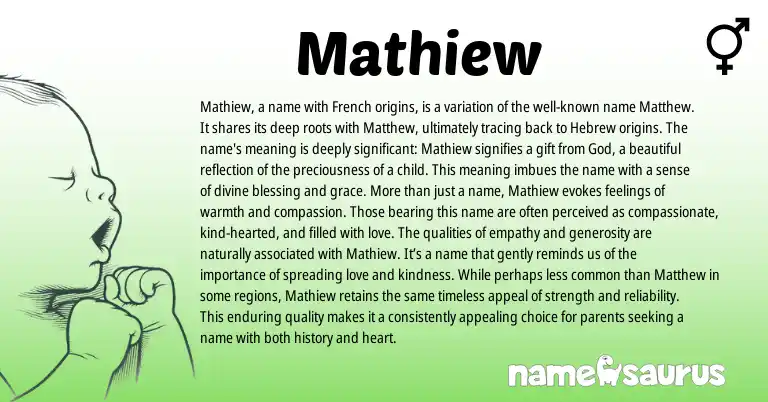 Infographic about Mathiew name meaning, Mathiew is a name from French, Hebrew origin(s).