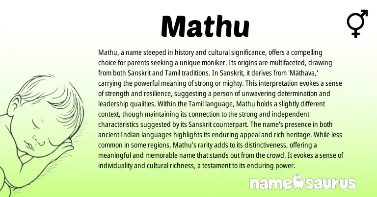 Infographic about Mathu name meaning, Mathu is a name from Indian, Sanskrit origin(s).