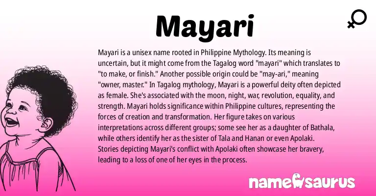 Infographic about Mayari name meaning, Mayari is a name from Philippine Mythology origin(s).