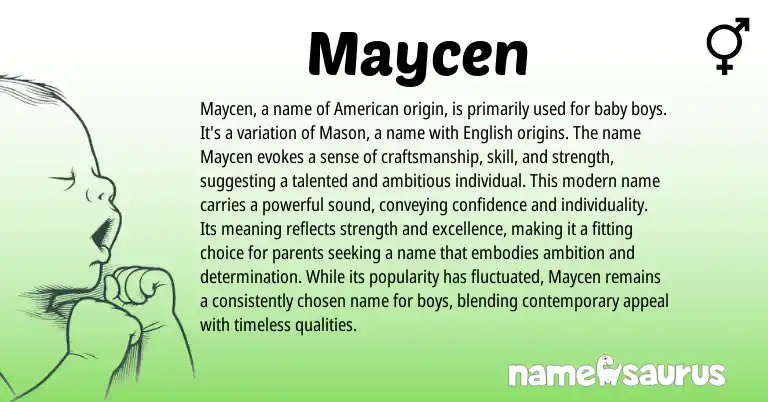 Infographic about Maycen name meaning, Maycen is a name from English origin(s).