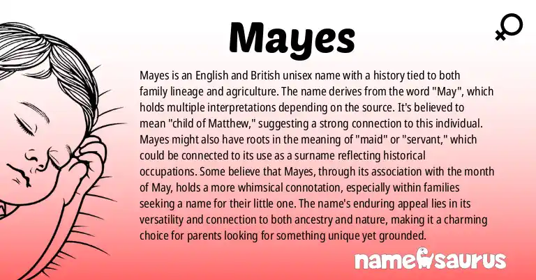 Infographic about Mayes name meaning, Mayes is a name from English, British origin(s).