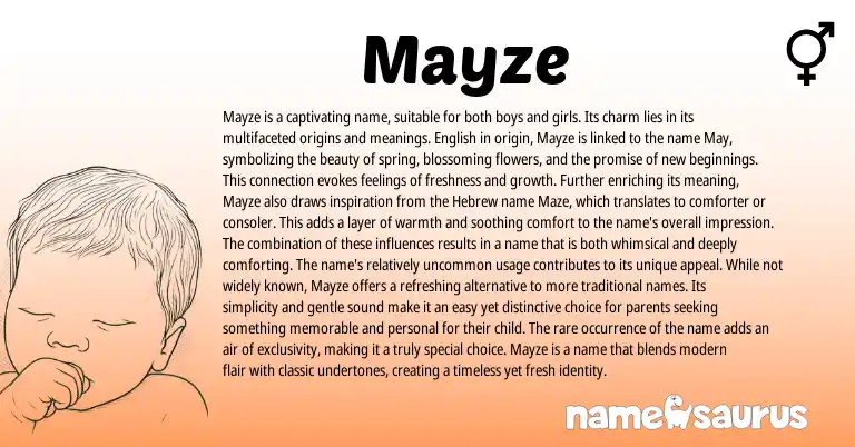 Infographic about Mayze name meaning, Mayze is a name from Hebrew, English origin(s).