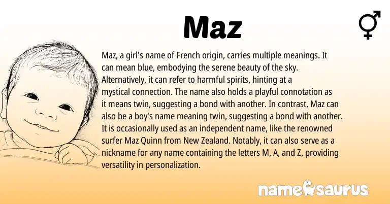Infographic about Maz name meaning, Maz is a name from New Zealand, French origin(s).