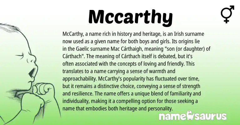 Infographic about McCarthy name meaning, McCarthy is a name from Irish, American origin(s).
